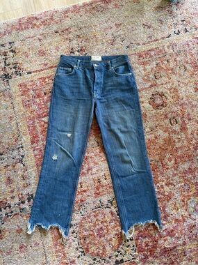 Raw Hem Distressed Cropped Straight Leg Jeans - Blue
